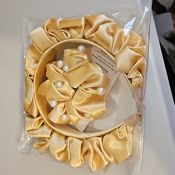 Bessney Accessories - Bessney ruched ruffled Gold statin Headband ans Scrunchie. NWT